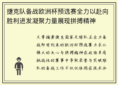 捷克队备战欧洲杯预选赛全力以赴向胜利进发凝聚力量展现拼搏精神