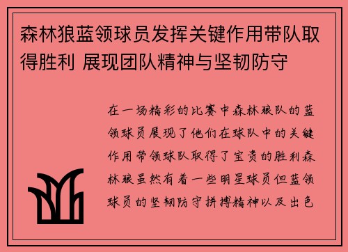 森林狼蓝领球员发挥关键作用带队取得胜利 展现团队精神与坚韧防守